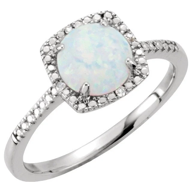 women modern engagement rings -STERLING SILVER 7MM LAB CREATED OPAL & 0.01 CTW DIAMOND HALO RING