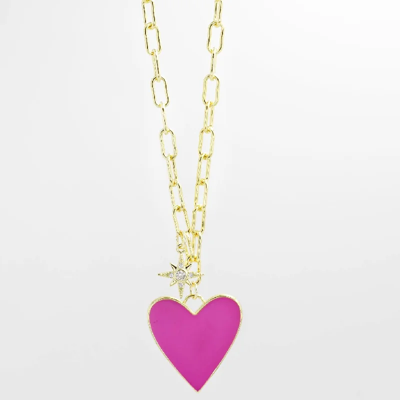 women ruby necklaces -Enamel Heart/Star Necklace Hot Pink J5