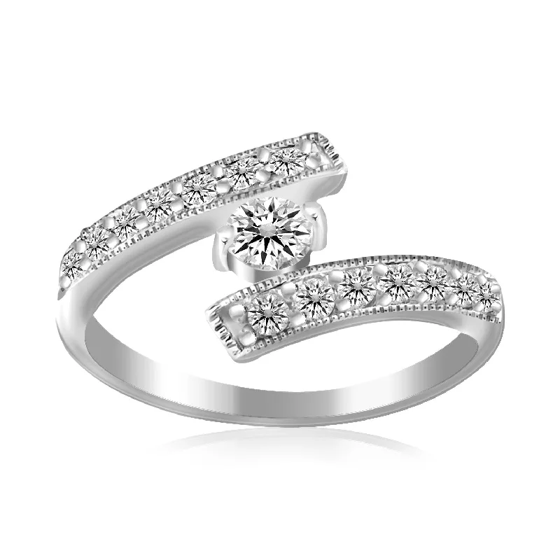 women trendy engagement rings -Sterling Silver Rhodium Finished White Cubic Zirconia Overlap Toe Ring