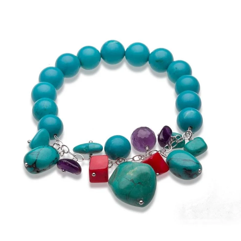 women fashion bangles and bracelets -Sterling Silver Turquoise and Gemstone Beaded Stretch Bracelet