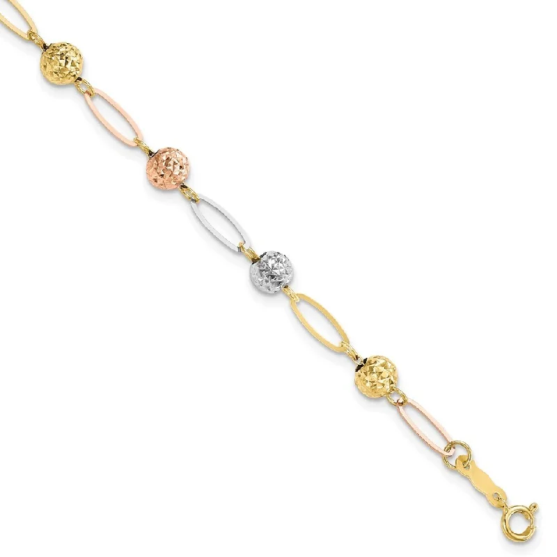 Gold bangles and bracelets for women -14k Tri-Color Diamond-Cut Beads Link Bracelet, 7" (W-2mm)