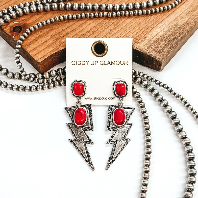 women colorful gemstone earrings -Silver Tone Lightning Bolt Drop Earrings with Faux Stones in Red