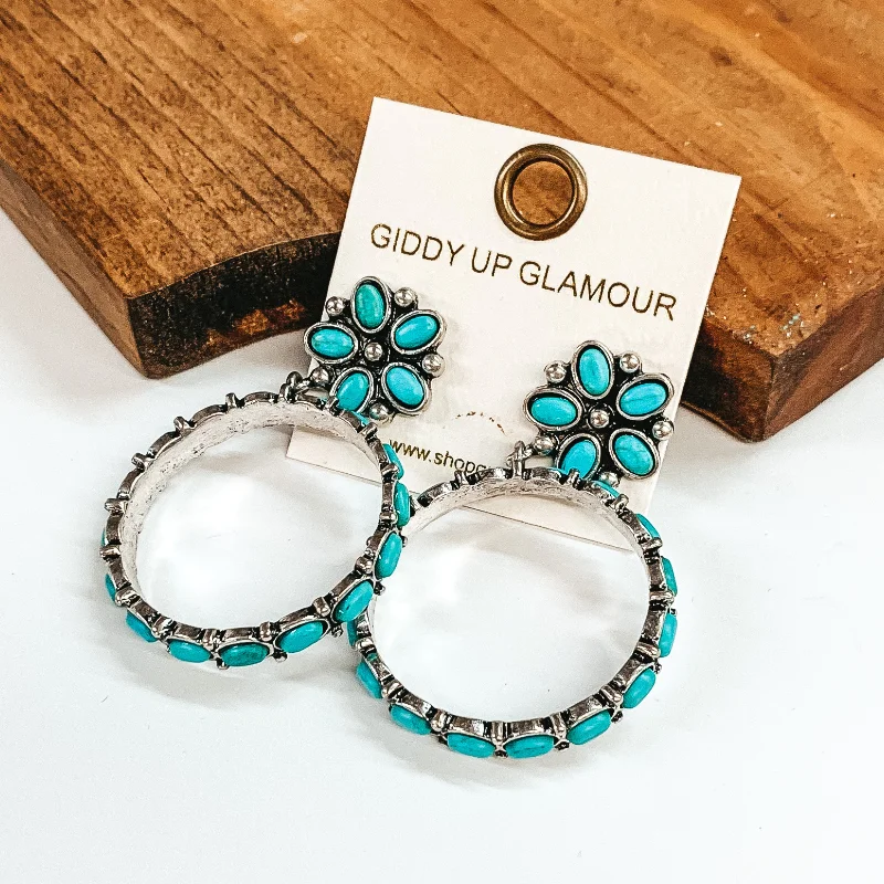 women silver-plated earrings -Flower Post Back Concho Earrings with Circle Hoops in Turquoise