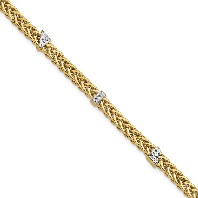 women elegant bangles and bracelets -14k Yellow & White Rhodium Diamond-Cut Flat Wheat Bracelet, 7.5" (W-4.5mm)