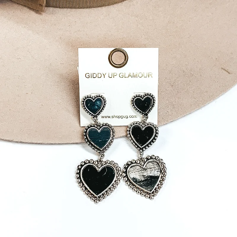 women heart-shaped stud earrings -Three Tiered Hearts Black Shell Dangle Earrings in Silver