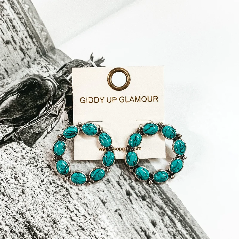 women elegant earrings -Silver Tone Open Circle Earrings with Faux Turquoise Stones