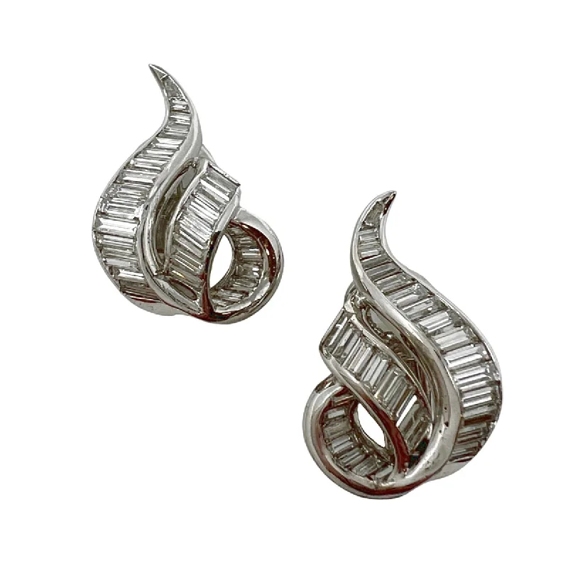 women artistic earrings -Platinum and 14K White Gold Swirl Earclips with 62 Baguette Diamonds