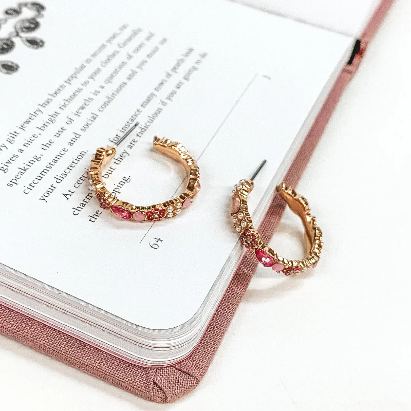 women aquamarine earrings -Gold Tone Hoop Earrings with Pink Crystals