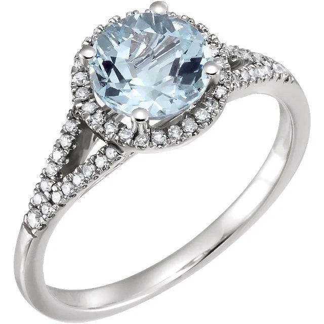 women stackable engagement rings -14KT WHITE GOLD 1.60 CT AQUAMARINE & 1/6 CTW DIAMOND HALO RING