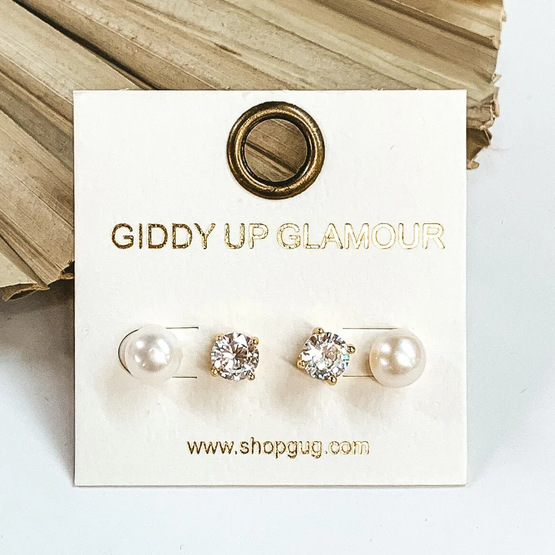 women square earrings -Clear Crystal and Pearl 2 Piece Stud Earring Set in Gold Tone