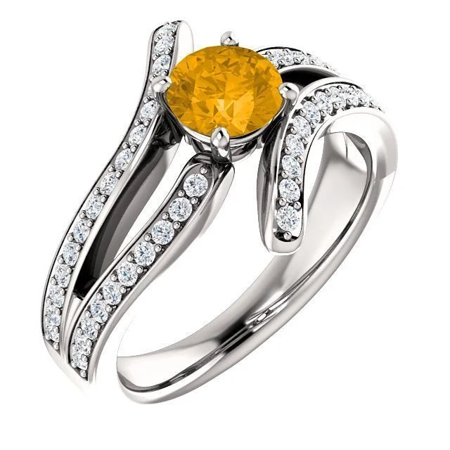 women luxury gold engagement rings -14KT GOLD 0.60 CT ROUND CITRINE & 3/8 CTW DIAMOND ACCENT RING