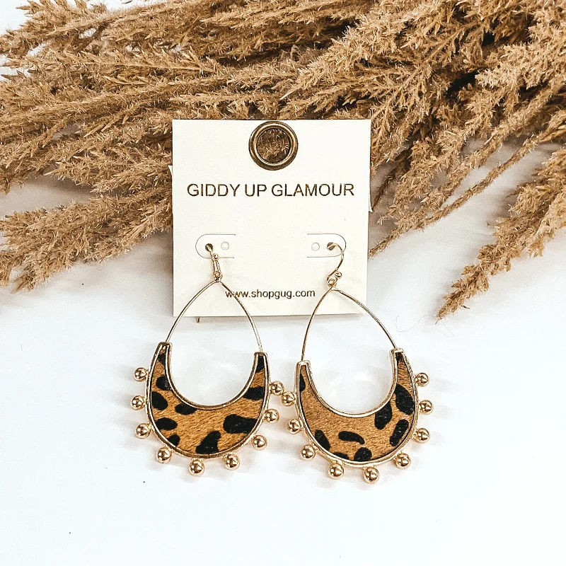 women clip-on diamond earrings -Gold Teardrop Earrings with a Brown Animal Print