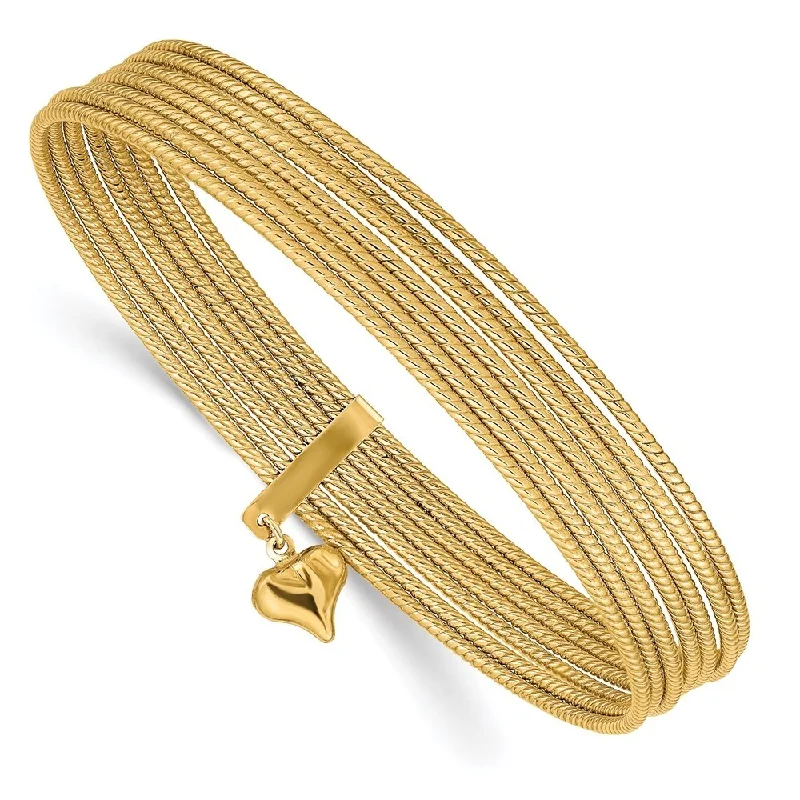 women stackable bangles and bracelets -14k Yellow Gold 11mm w/Dangle Heart Slip-on Set of 7 Textured Bangle Bracelet, 8"