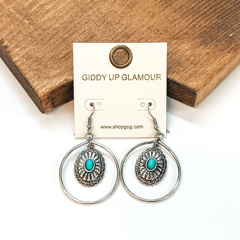 women elegant earrings -Circle Drop Earrings with Hanging Concho Pendant in Silver Tone