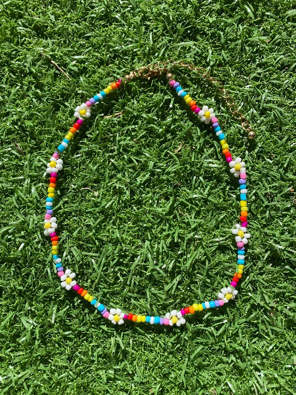 women minimalistic necklaces -Rainbow Beaded Flower Necklace