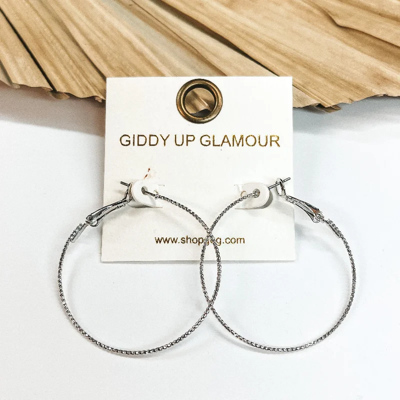 Silver earrings for women -1.5 Inch Thin Wired Rope Textured Hoop Earrings in Silver