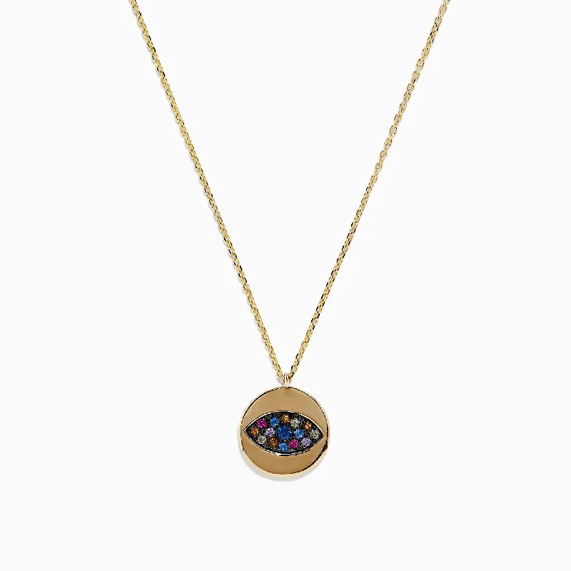 women butterfly pendant necklaces -14K Yellow Gold Multi Sapphire and Diamond Evil Eye Necklace, 0.29 TCW