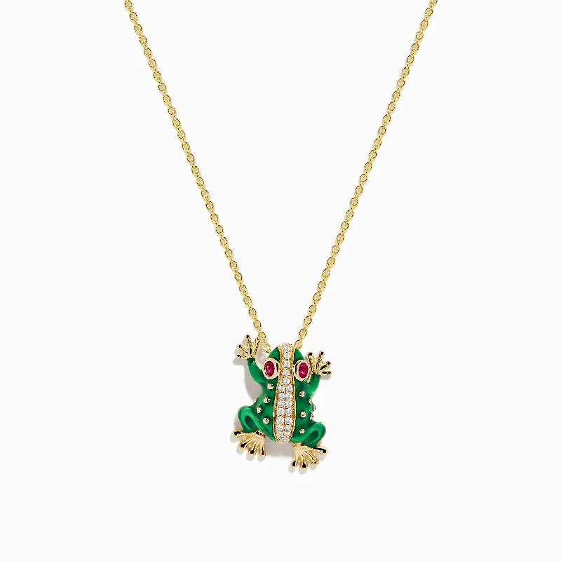 women butterfly pendant necklaces -Safari 14K Yellow Gold Enamel, Diamond, and Ruby Frog Necklace