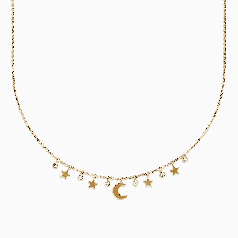 women gemstone necklaces -Novelty 14K Yellow Gold Diamond Moon and Stars Necklace