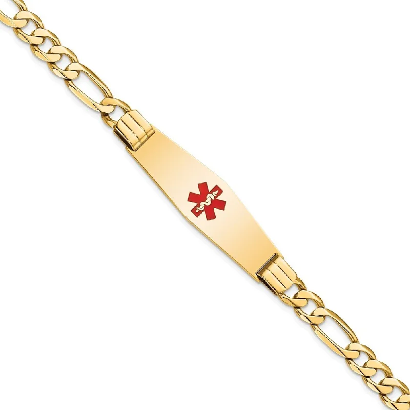 women sleek gold bangles and bracelets -14k Yellow Gold 13.5mm Medical Soft Diamond Shape Red Enamel Flat Figaro Link ID Bracelet, 7"