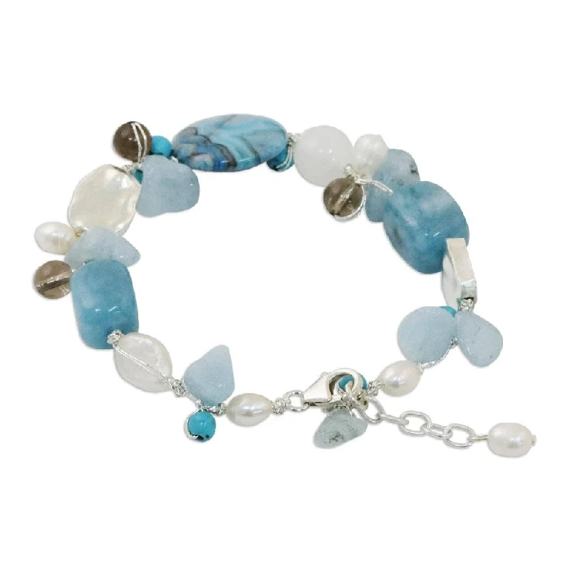 women sterling silver bangles and bracelets -Handmade Blue Islands Pearl and Aquamarine Beaded Bracelet (Thailand)