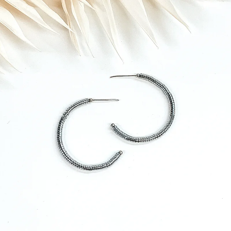 women gold stud earrings -Metal Disk Beaded Hoop Earrings in Silver