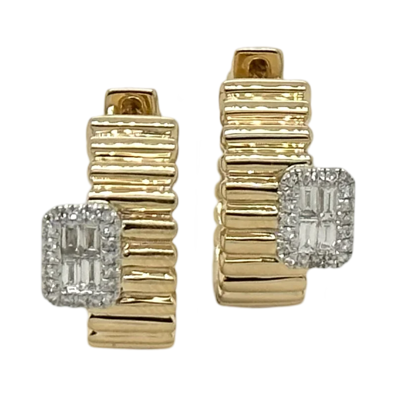 women clip-on diamond earrings -RIDGED GOLD & BAGUETTE DIAMOND HUGGIES