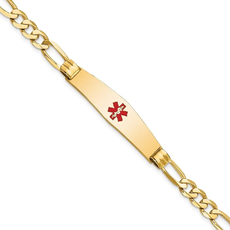 women trendy stackable bangles and bracelets -14k Yellow Gold 9.5mm Medical Soft Diamond Shape Red Enamel Figaro ID Bracelet, 7"