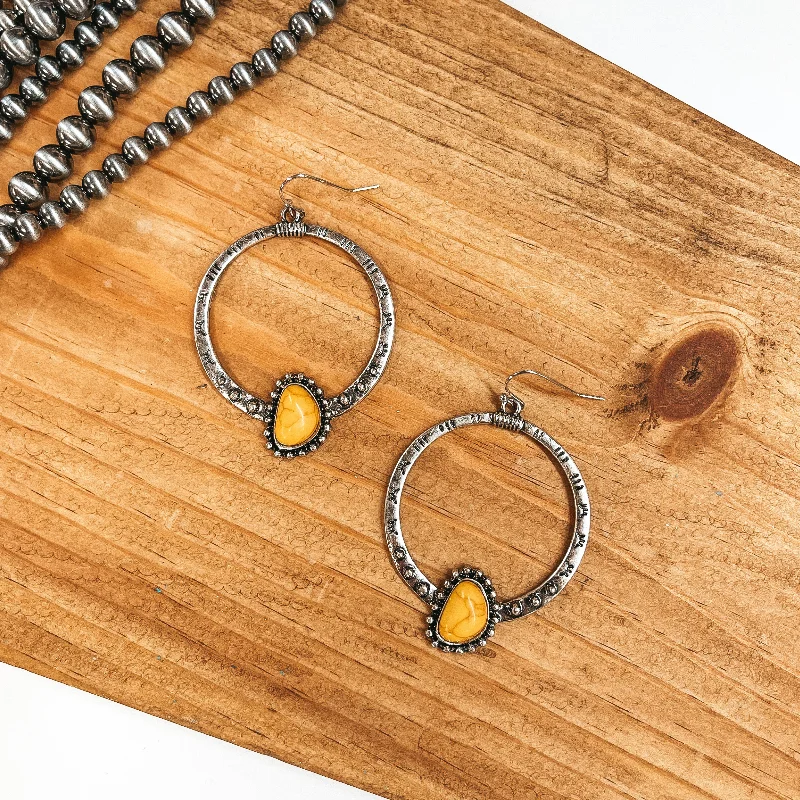 Affordable earrings for women -Pretty Perspective Western Engraved Hoop Earrings with Faux Stone in Mustard Yellow