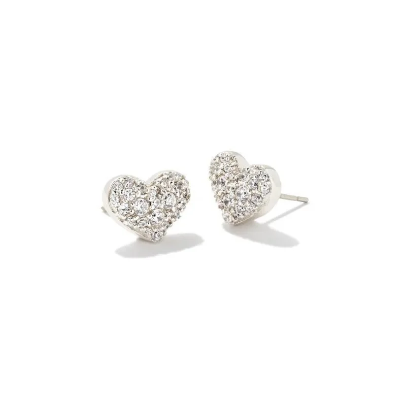 women pearl drop earrings -Kendra Scott | Ari Silver Pave Crystal Heart Earrings in White Crystal