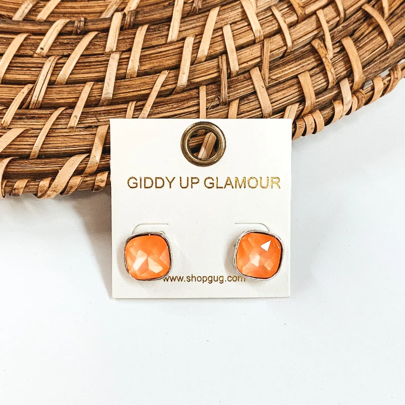 women cubic zirconia earrings -Silver Tone Square Stud Earrings with Crystals in Orange