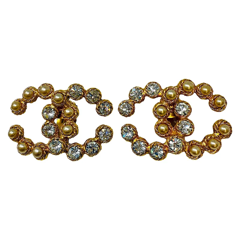 Stud earrings for women -Chanel 2008 Gold-tone Interlocking CC Clip-on Earrings with Crystal & Faux Pearl