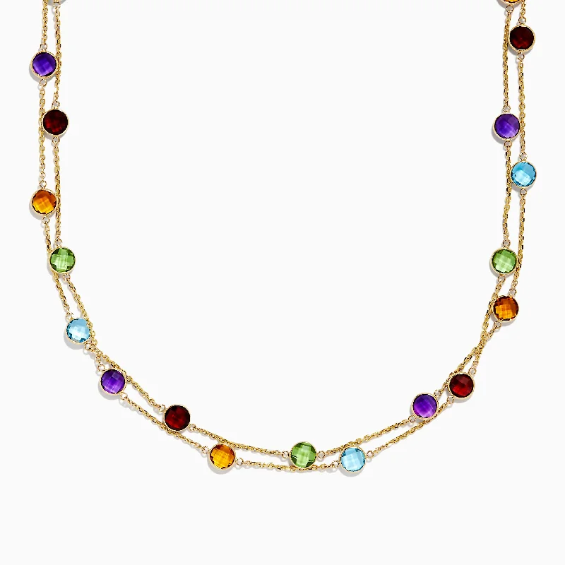 women elegant chain necklaces -14K Yellow Gold Multi Gemstone Station Necklace, 28.93 TCW