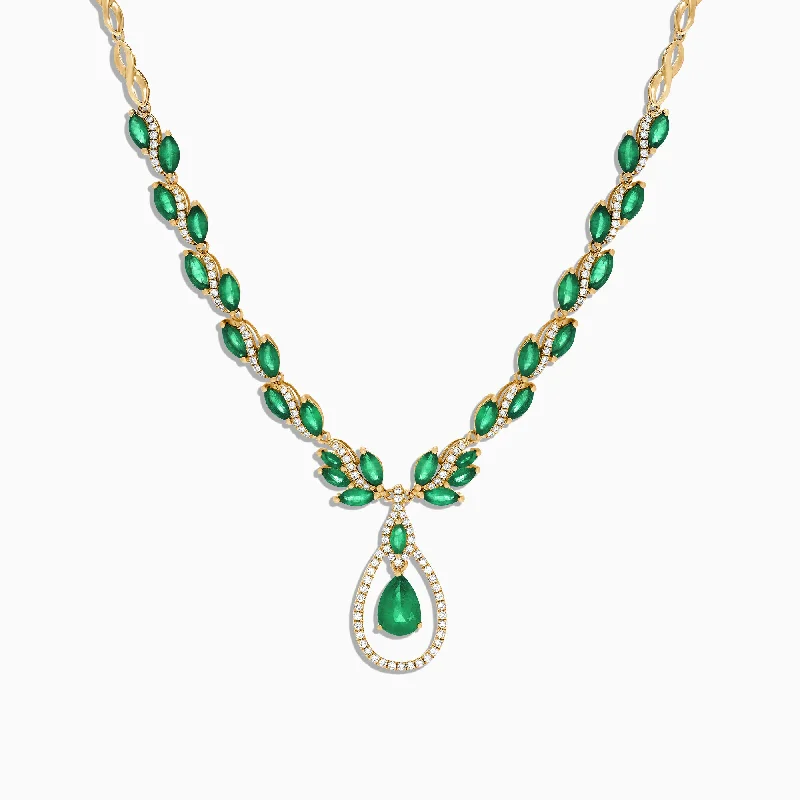 women personalized bar necklaces -Brasilica 14K Yellow Gold Emerald and Diamond Necklace, 9.74 TCW