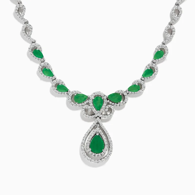 women long chain necklaces -Brasilica 14K White Gold Emerald and Diamond Necklace