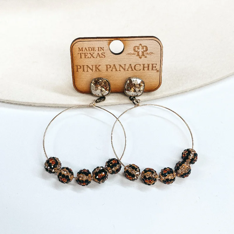 women dangling gemstone earrings -Pink Panache | Black and Brown Beaded Hoop Earrings with Cushion Cut Crystals in Topaz