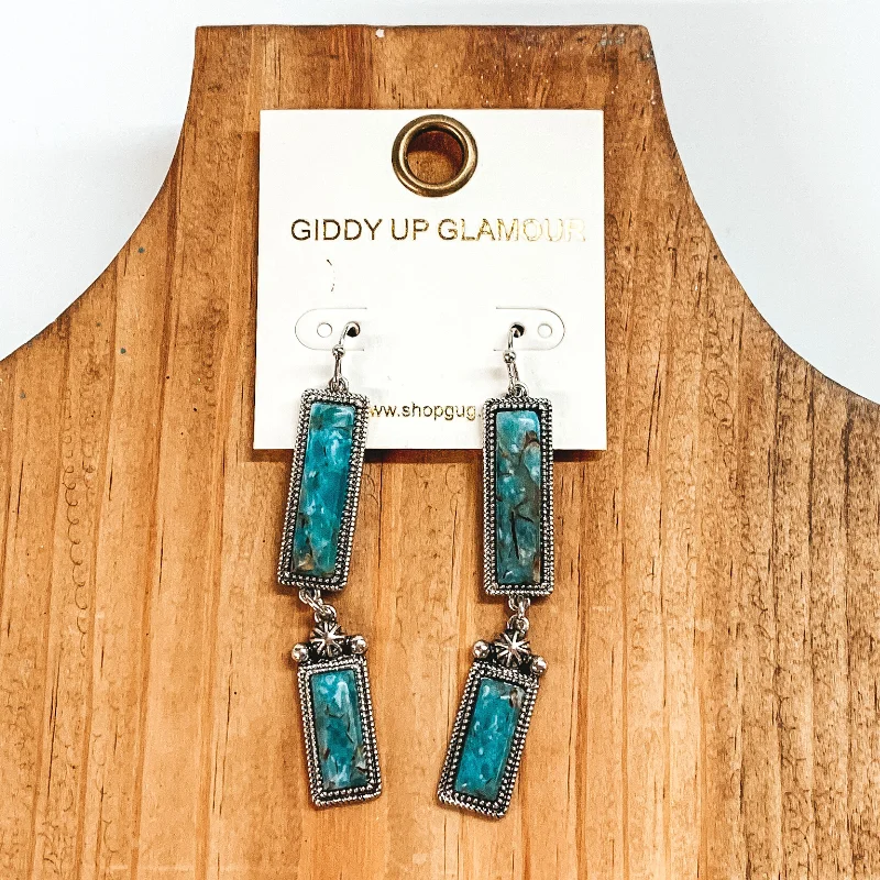 women rose gold earrings -Two Rectangle Drop Earrings with Faux Turquoise Stones in Silver Tone