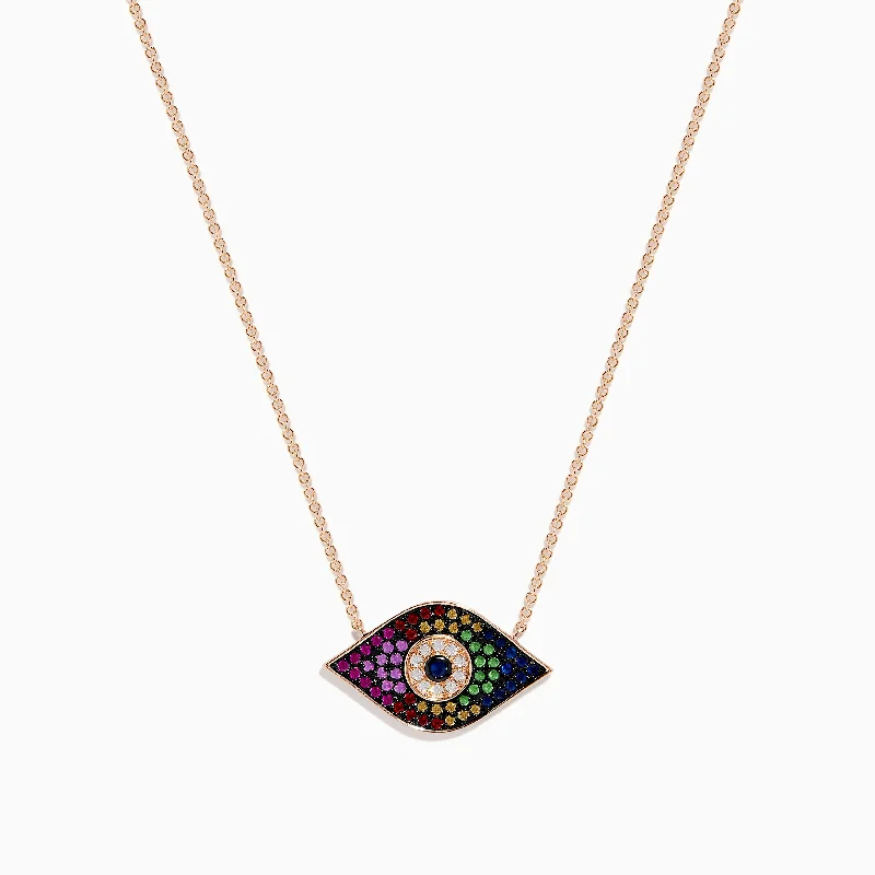 Gold necklaces for women -Novelty 14K Rose Gold Multi Sapphire & Diamond Evil Eye Necklace