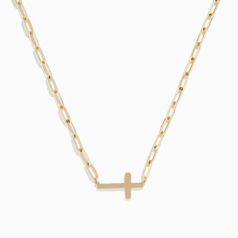 women handcrafted necklaces -14K Yellow Gold West-East Cross Paperclip Chain Necklace 17"