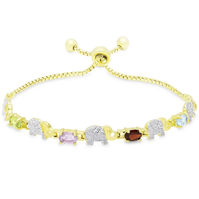 women modern bangles and bracelets -Dolce Giavonna Gold Overlay Multi Gemstone and Diamond Accent Elephant Adjustable Slider Bracelet