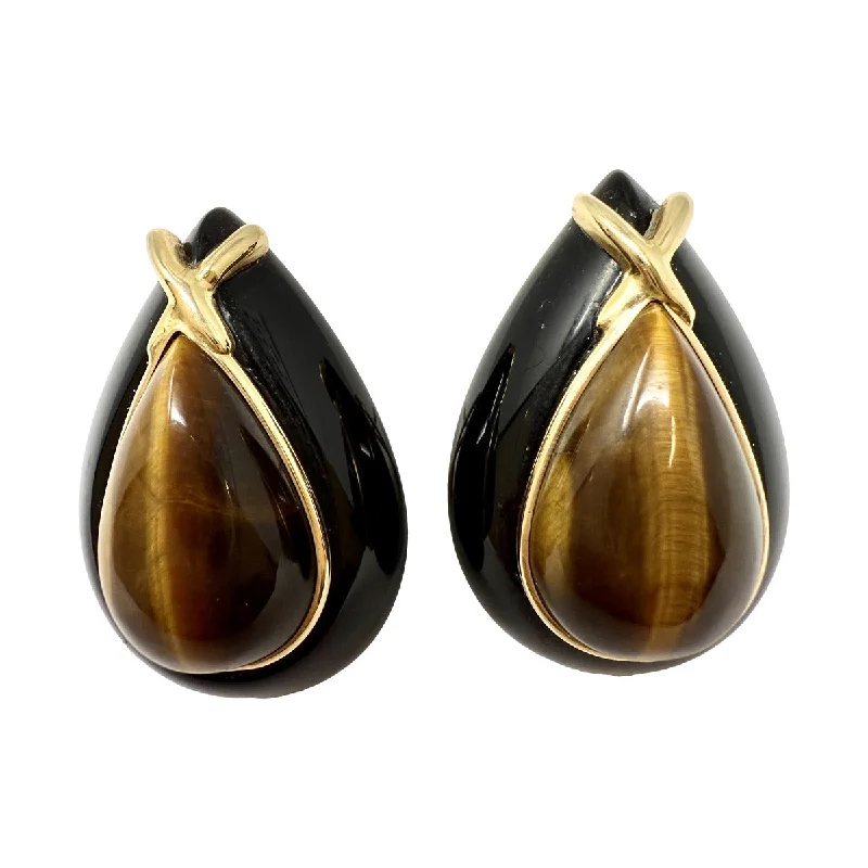 women luxury diamond earrings -Teardrop Shaped Onyx Earrings with Tiger Eye and 14K Gold Accent