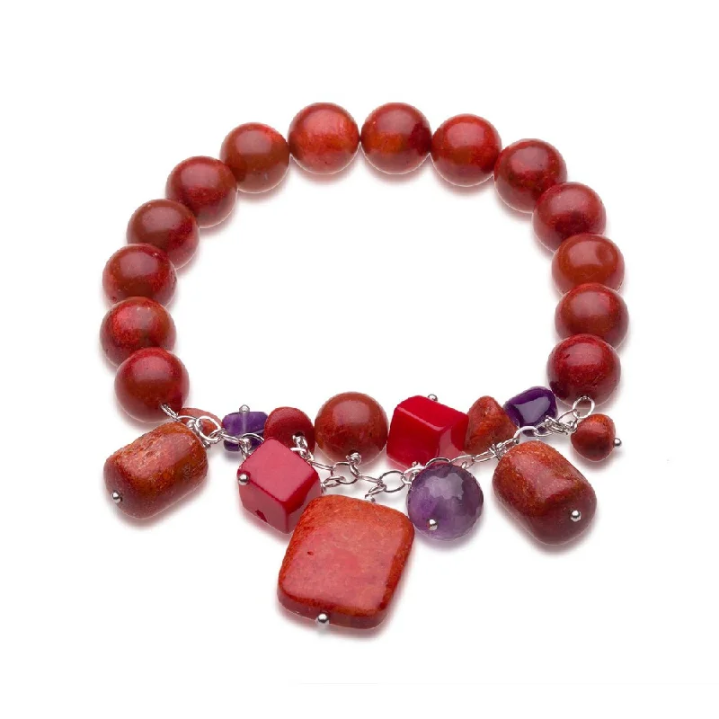 women adjustable bangles and bracelets -Sterling Silver Red coral and Gemstone Beaded Stretch Bracelet