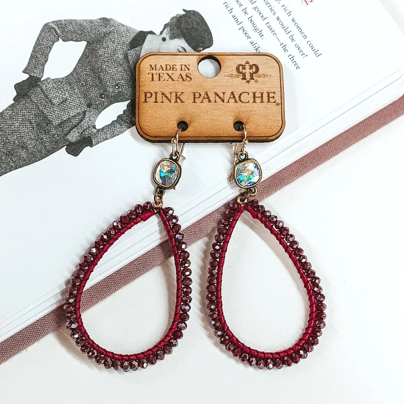 women boho earrings -Pink Panache | Burgundy Crystal Beaded Wrapped Teardrop Earrings with Ab Cushion Cut Crystal