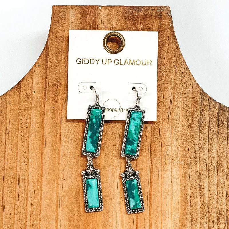 women emerald-cut earrings -Two Rectangle Drop Earrings with Faux Green Stones in Silver Tone