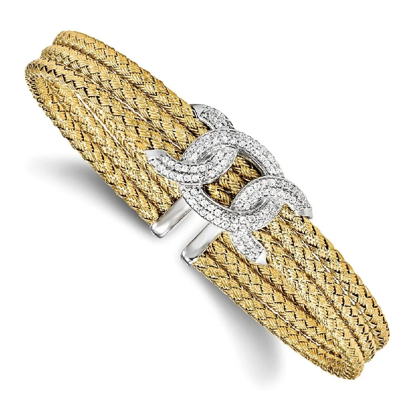 women floral charm bangles and bracelets -925 Sterling Silver Gold-tone Cubic Zirconia Woven Cuff Bracelet, 6.75"