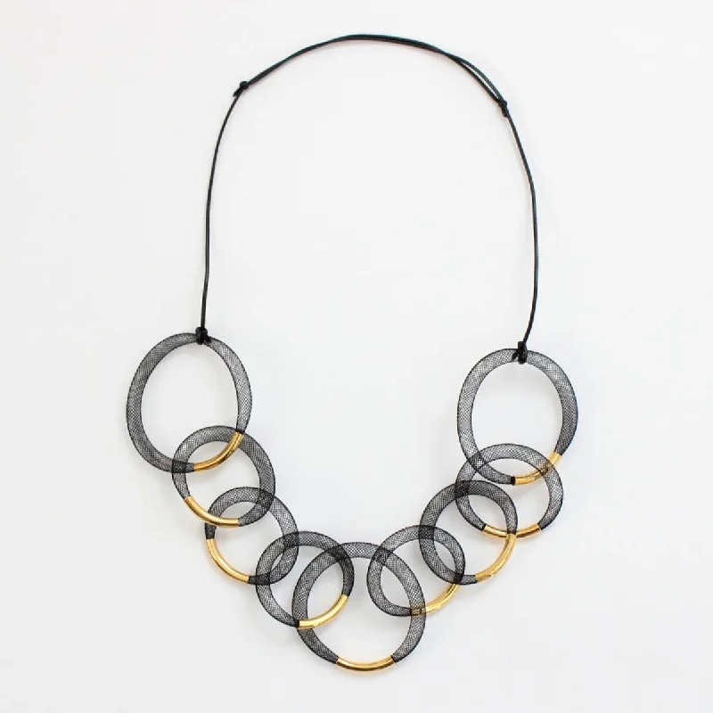 women classic gold necklaces -Black and Gold Mesh Statement Necklace