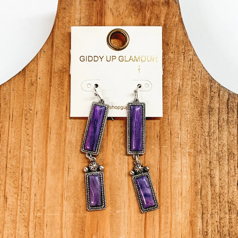 women amethyst earrings -Two Rectangle Drop Earrings with Faux Purple Stones in Silver Tone