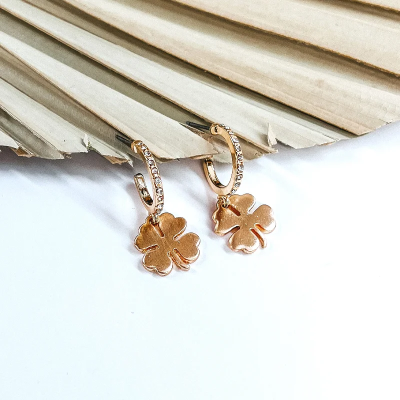 women minimalist earrings -Small Crystal Hoop Earrings with Hanging Four Leaf Clover Charm in Gold Tone