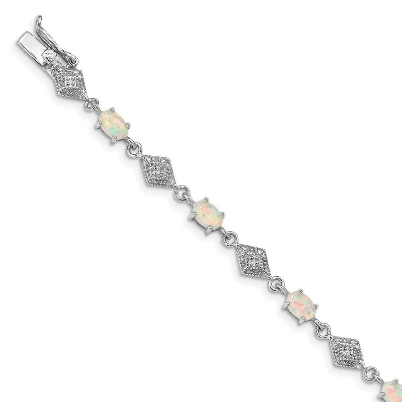 women silver bangles and bracelets -Curata 925 Sterling Silver Polished Safety bar Box Catch Closure White Simulated Opal Bracelet 7 Inch Box Clasp