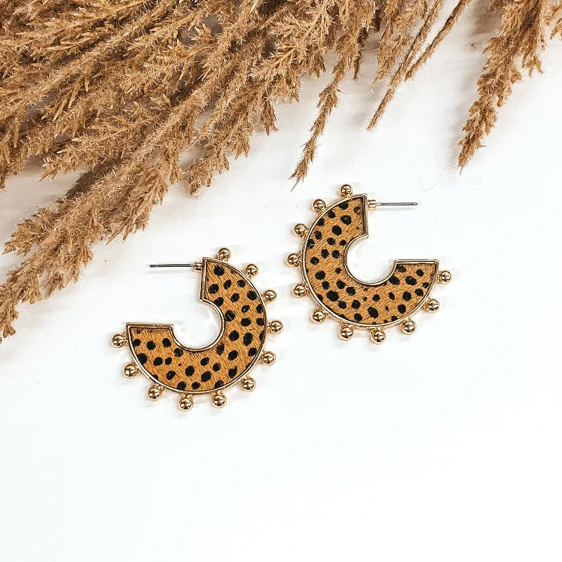 women flower-shaped earrings -Flat Hoops with a Brown Dotted Print